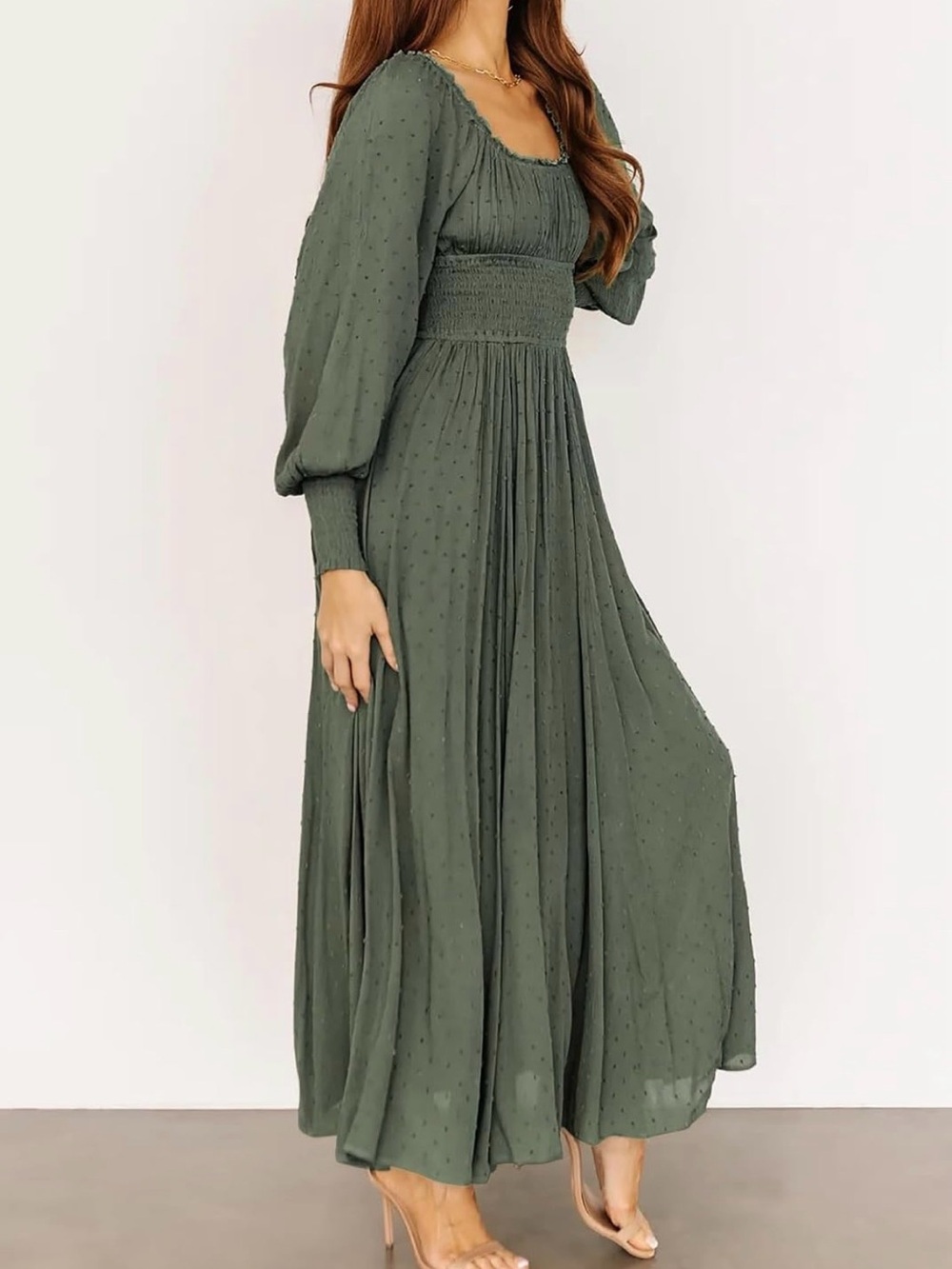 Smocked Waist Long Sleeve Maxi Dress in Olive Green - Picture 2 of 5